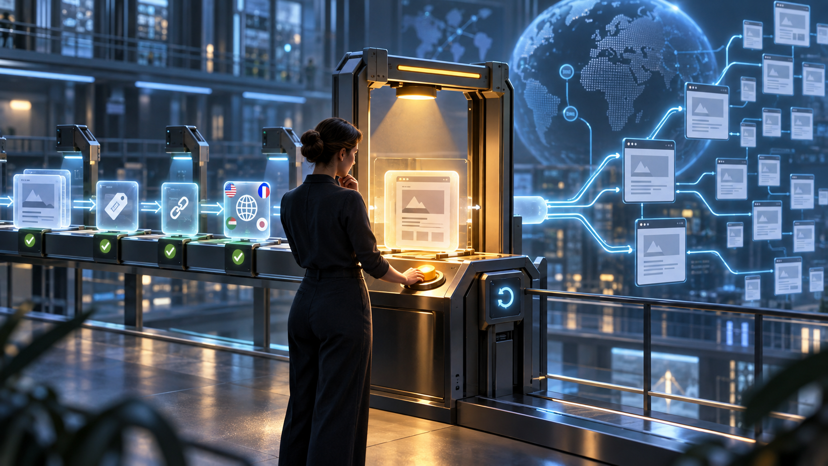 A human reviewer inspects a paused website update at an approval gate before it can reach a large page network.