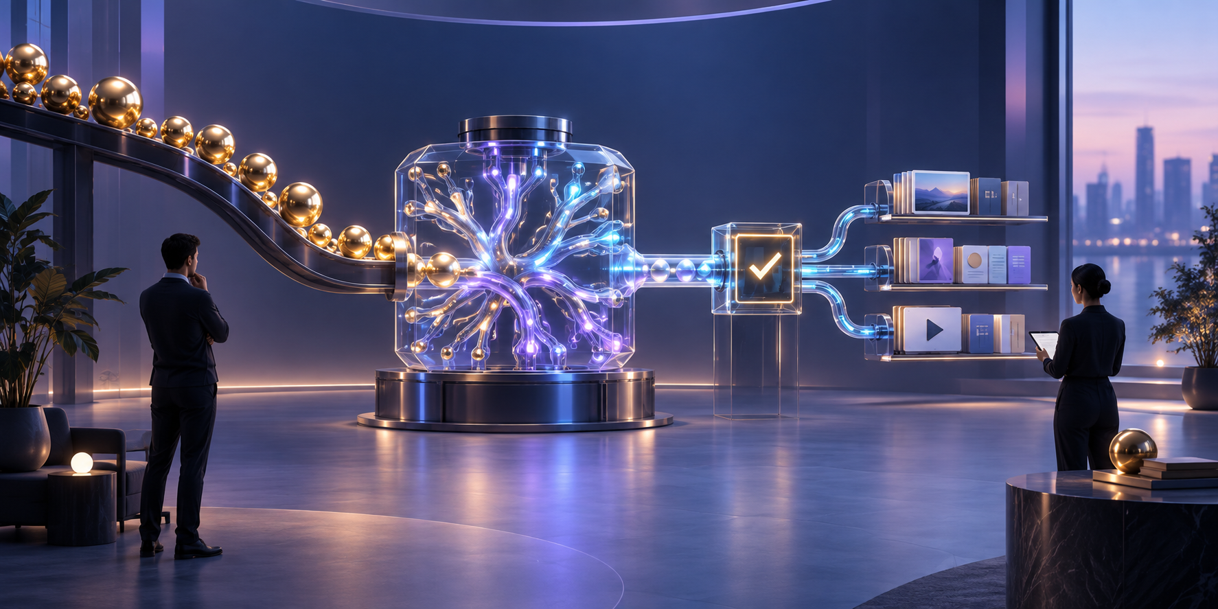 Two marketing professionals observe a translucent AI system as glowing spheres enter one side and organized campaign components pass through a testing gate on the other.