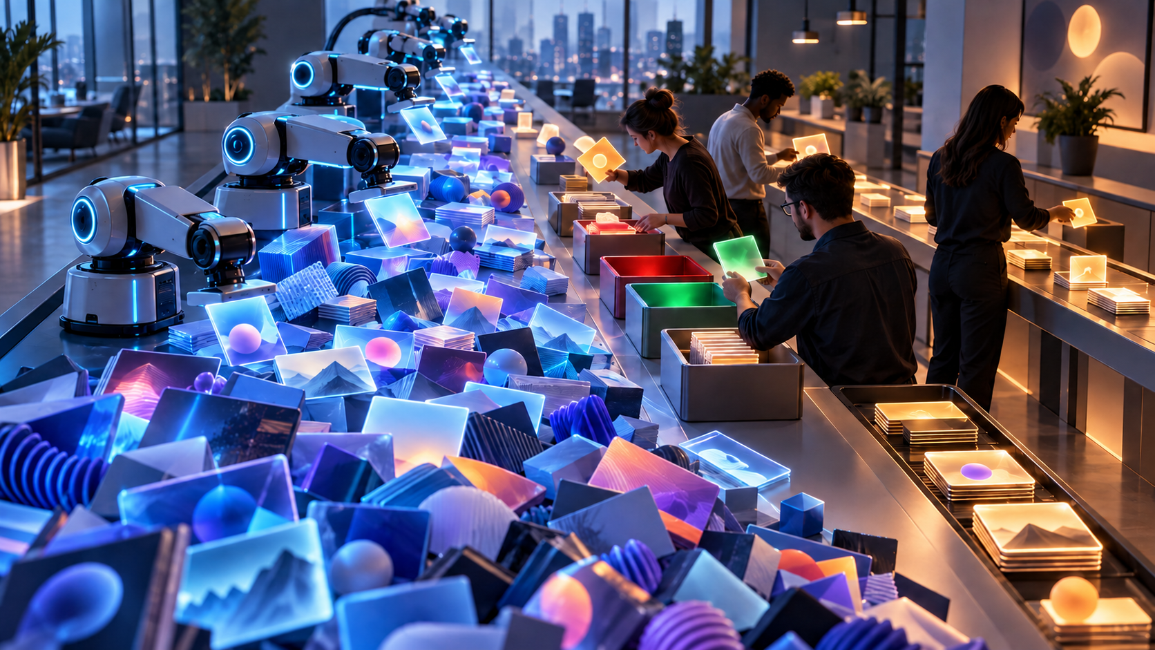 A marketing team sorts and reviews a growing flow of campaign materials produced by several automated machines.