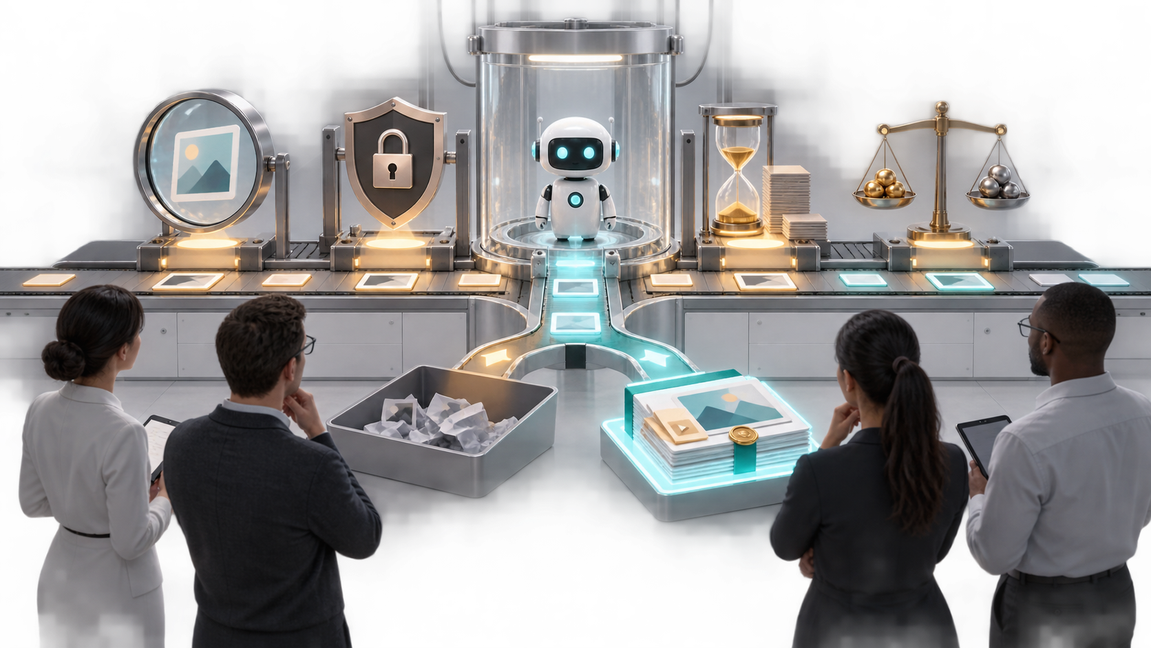A cross-functional team evaluates an AI agent in a transparent test chamber using visual checkpoints for quality, security, time savings, and commercial value.