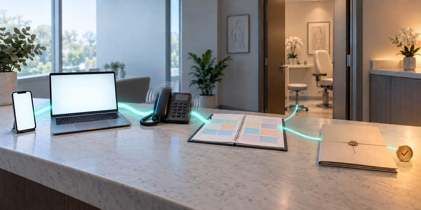 A sequence of blank digital devices, a phone, an appointment calendar, a consultation-room door, and a completed patient folder connected by a narrowing ribbon of light.