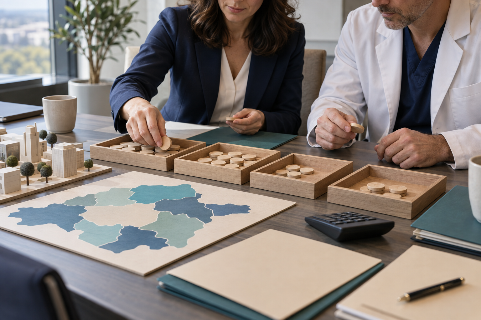 A surgeon and healthcare finance lead sort wooden budget tokens among unlabeled procedure folders and miniature city forms on a conference table.
