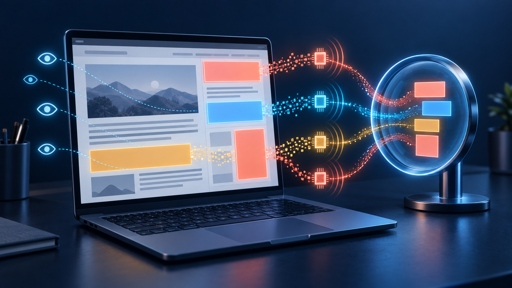 A laptop with a generic ad-heavy webpage surrounded by visual symbols for ad exposure, occupied space, data transfer, and processing activity.