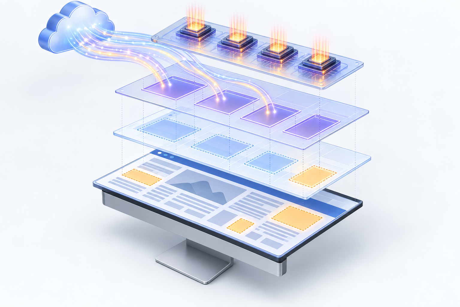 Four floating webpage layers depict visible ad placements, their occupied area, incoming data, and processor activity above a computer monitor.