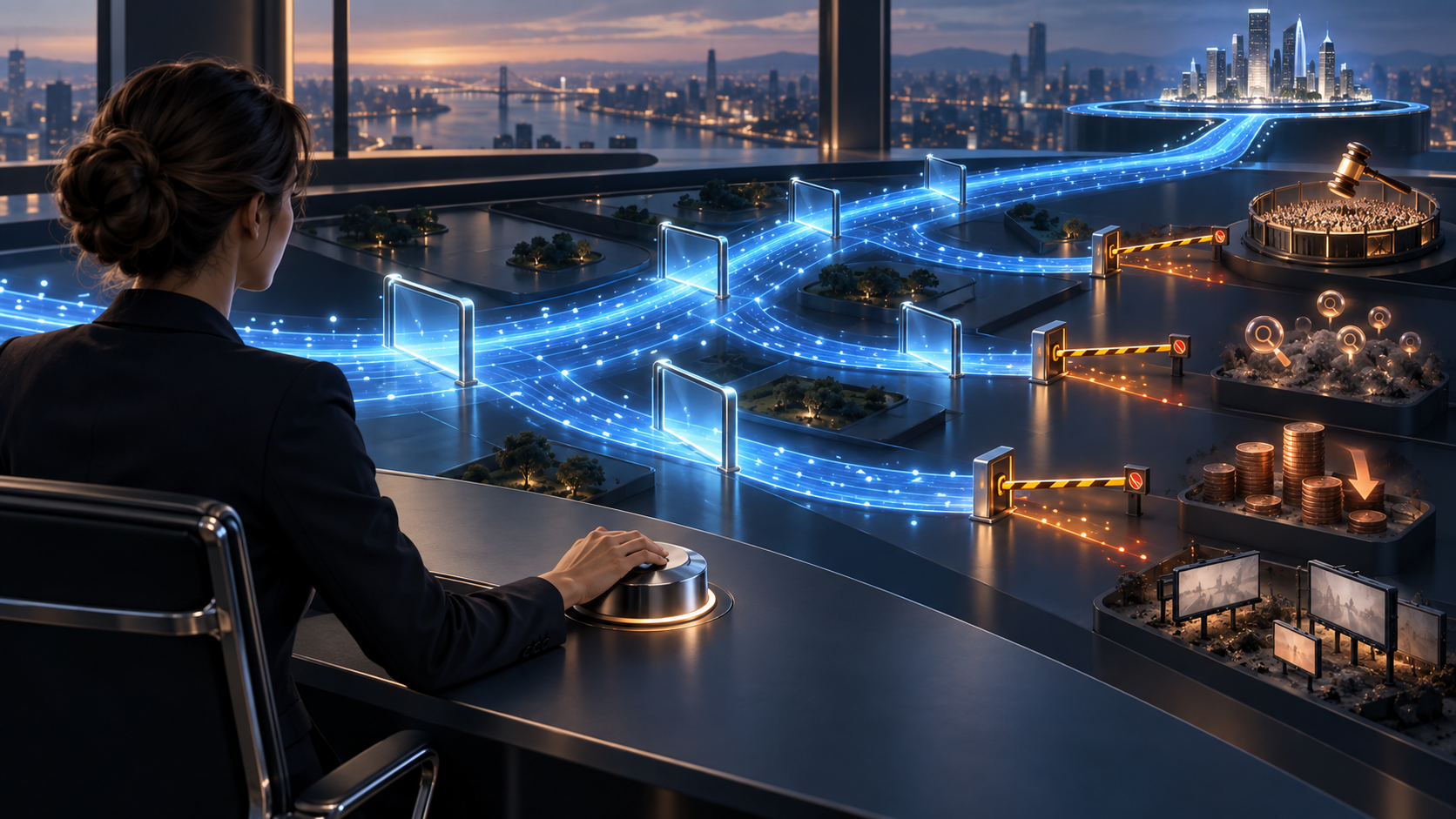 A marketing strategist supervises glowing automated advertising pathways from a control desk while guardrails block risky branches.