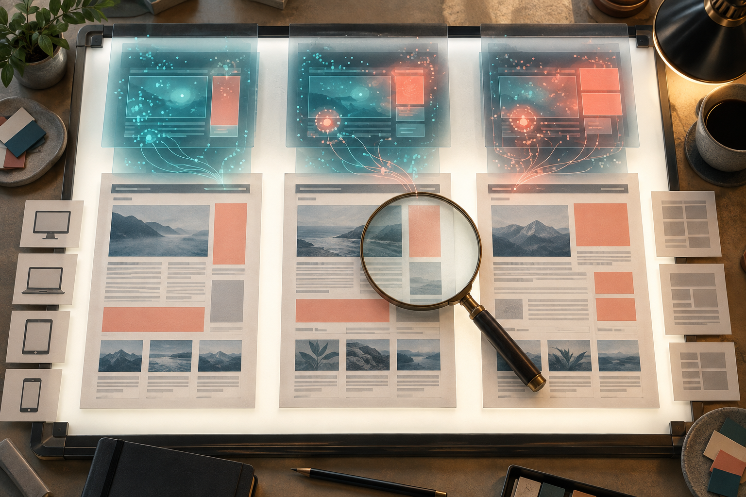 Three similar webpage layouts with different ad patterns are compared on a light table using a magnifying lens and abstract resource signals.