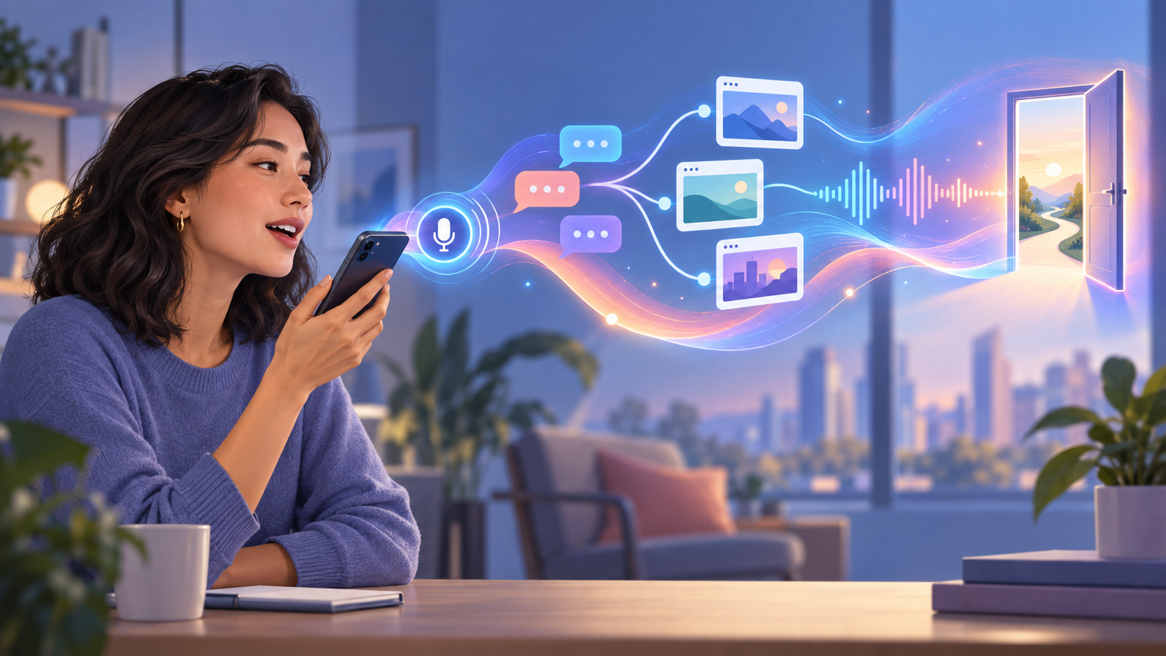 A person speaks into a smartphone as a ribbon of light connects abstract conversation bubbles, source tiles, an audio waveform, and a doorway.