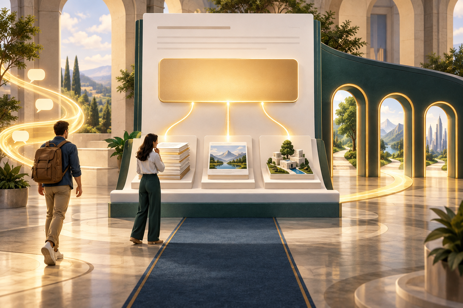 Visitors examine source documents at a page-shaped evidence station connected by light to several next-step doorways.