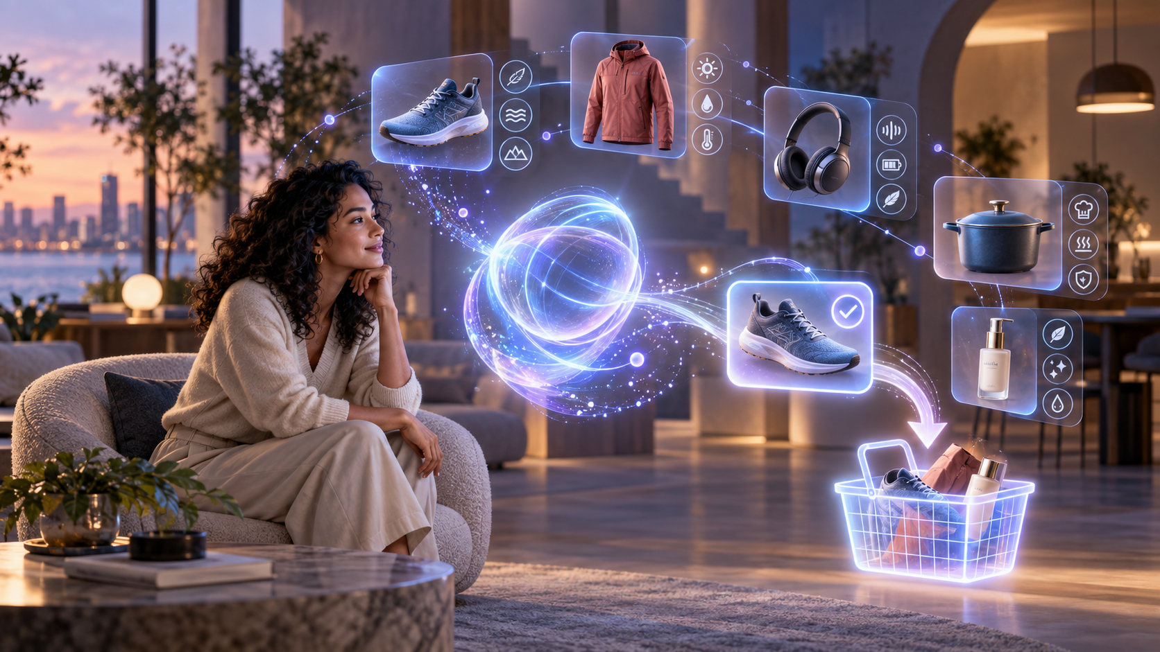 A shopper converses with a glowing AI guide as it compares several unbranded products and directs one toward a shopping basket.