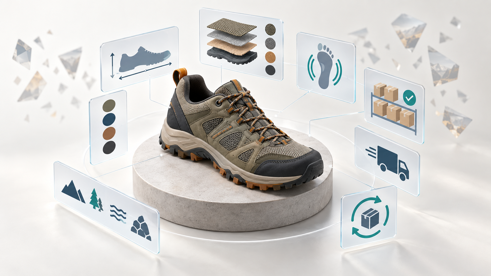 An unbranded hiking shoe is surrounded by organized visual layers representing its materials, size, fit, availability, shipping, and return details.