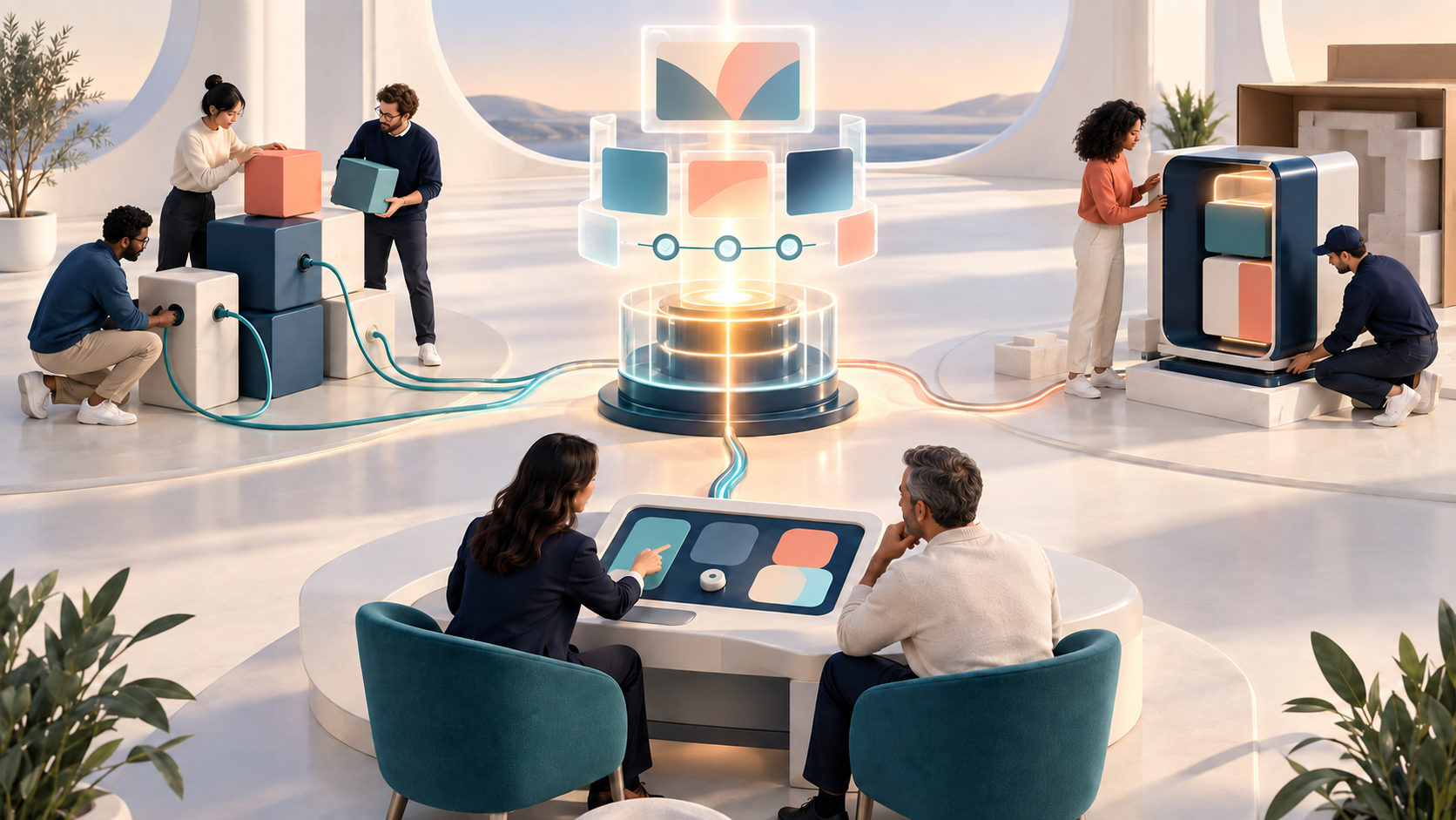 Three teams use custom components, a ready-made system, and specialist support around a shared automated marketing workflow.