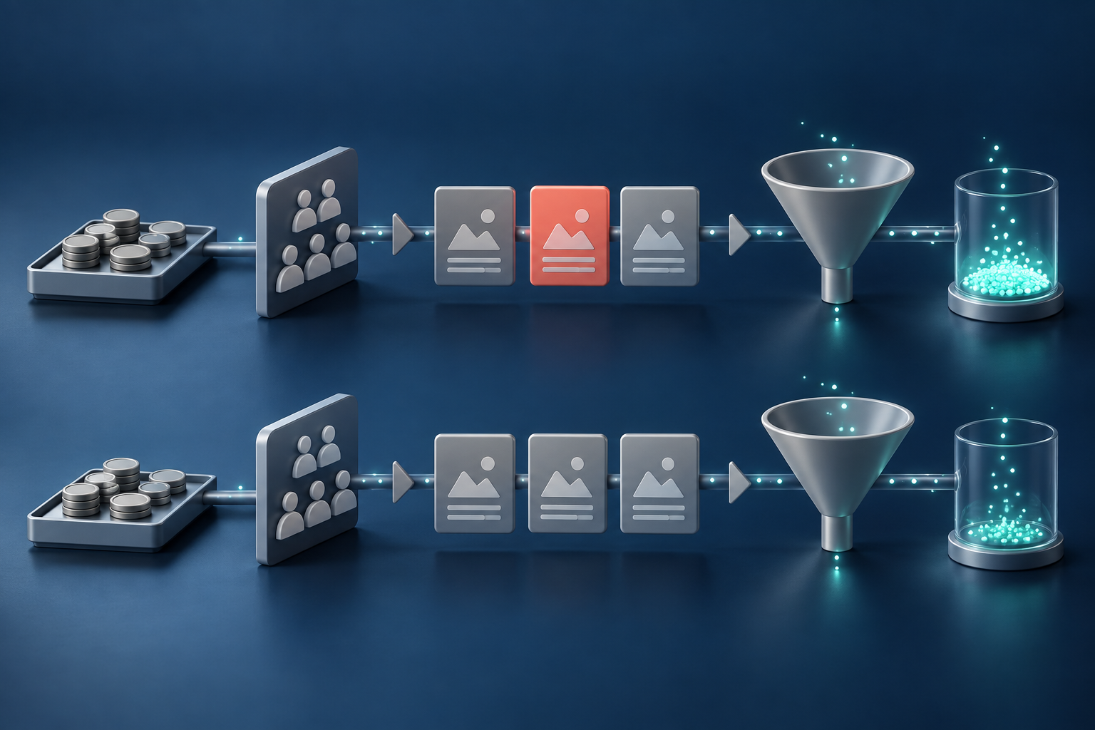 Two matched campaign pathways use equal budget tokens and funnels, with one colored message tile distinguishing the test version.