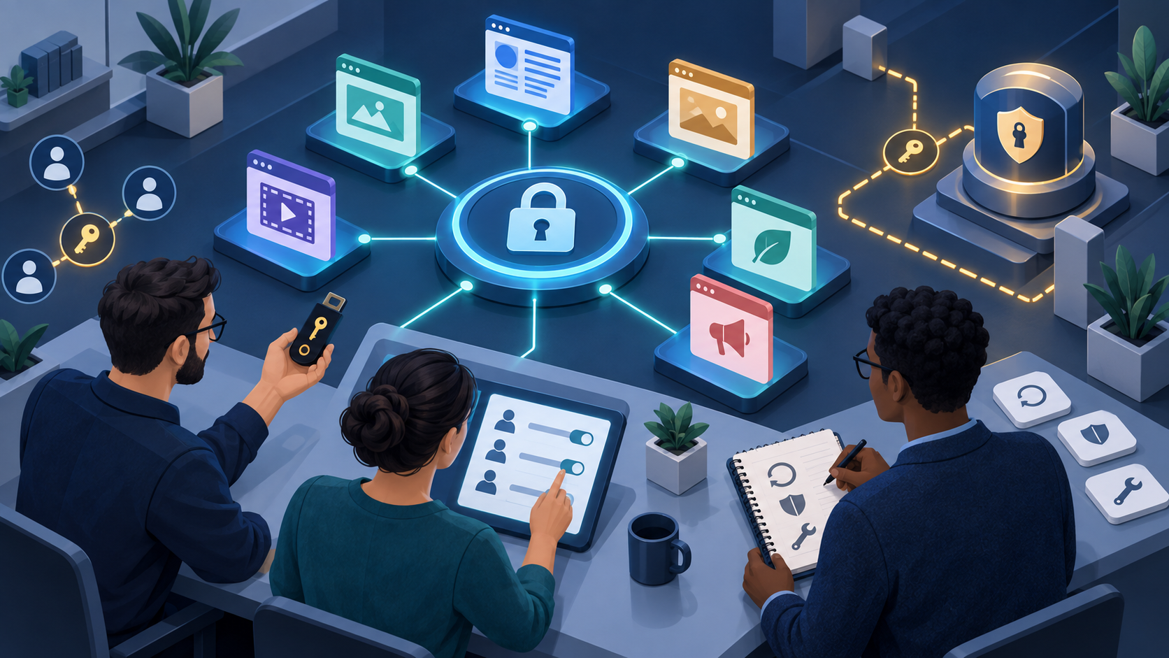 Three administrators using security keys and shared access controls to manage several publication profiles.