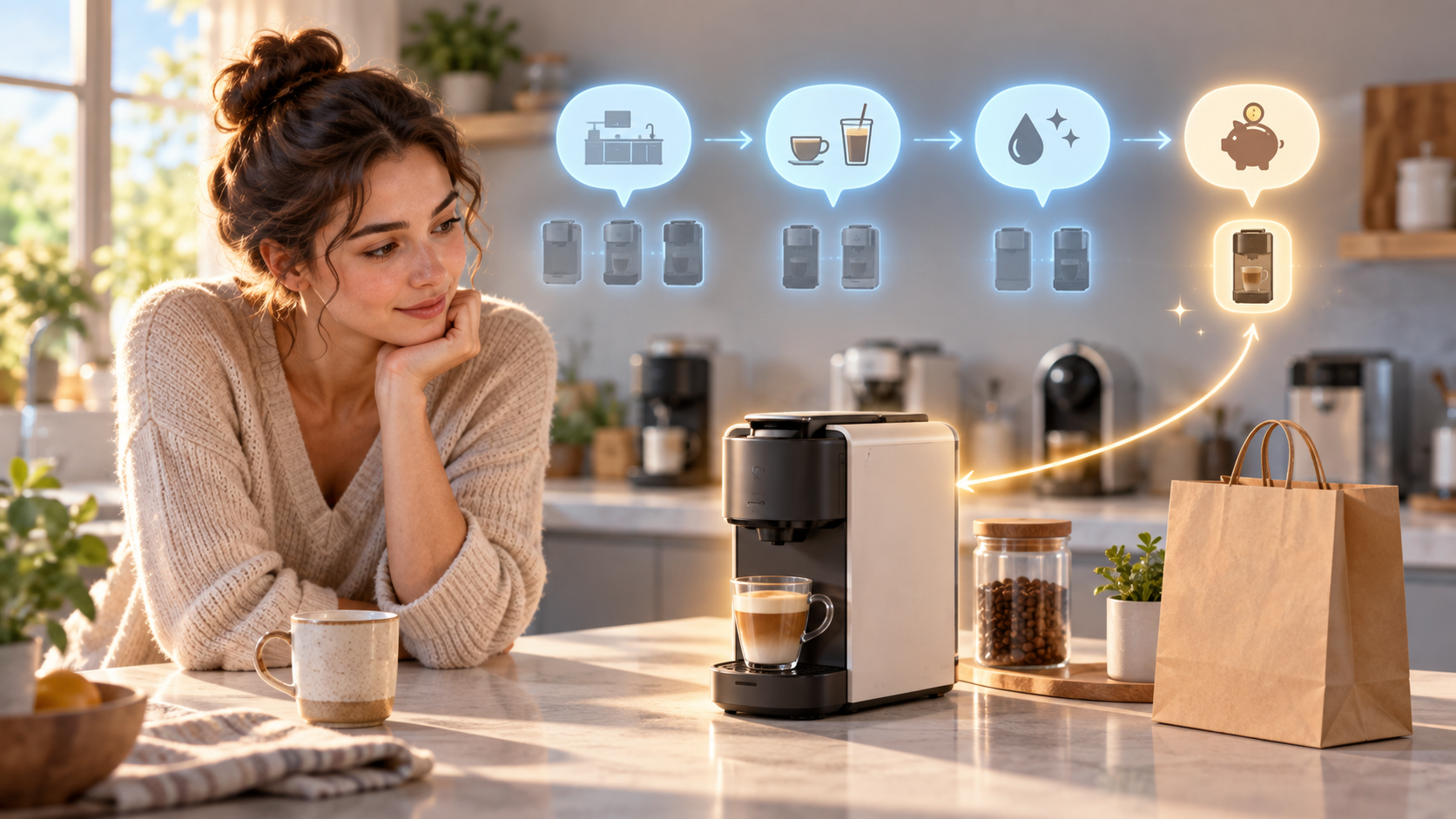 A shopper and an abstract AI guide exchange symbol-filled bubbles while narrowing several coffee machines to one suitable choice.