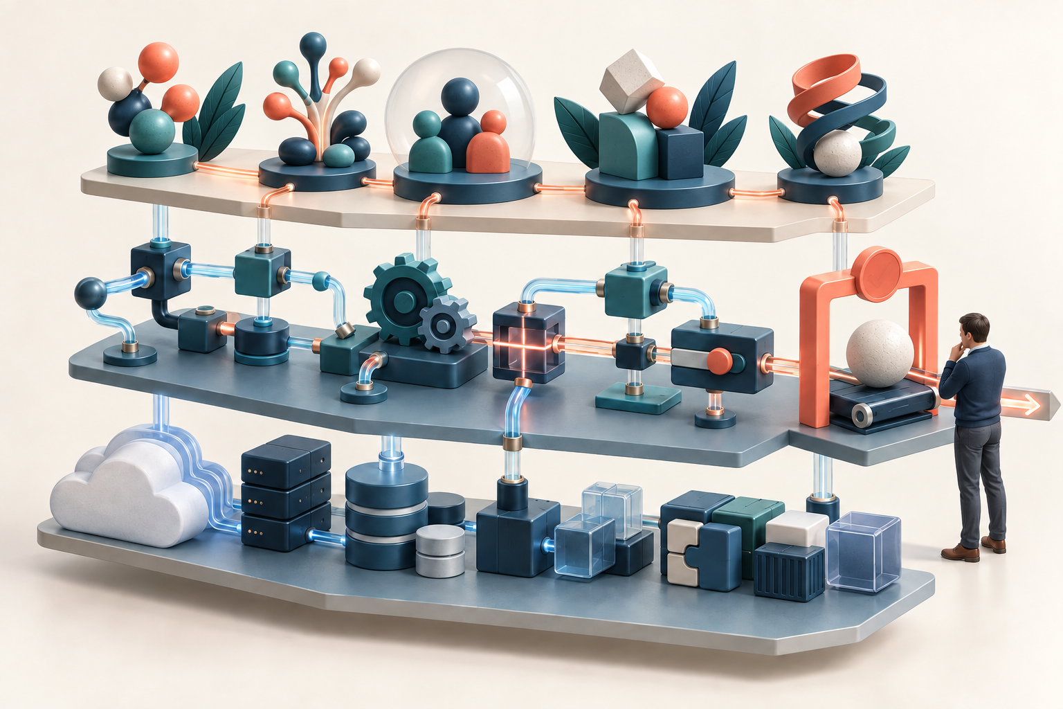 An exploded three-layer workflow combines standard software modules, configurable connections, and a human approval checkpoint.