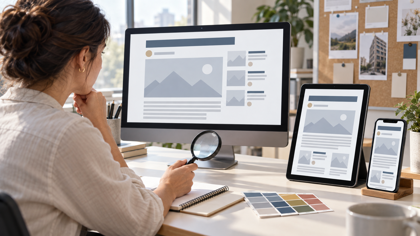 Editor comparing a publication's article presentation across desktop, tablet, and mobile screens.