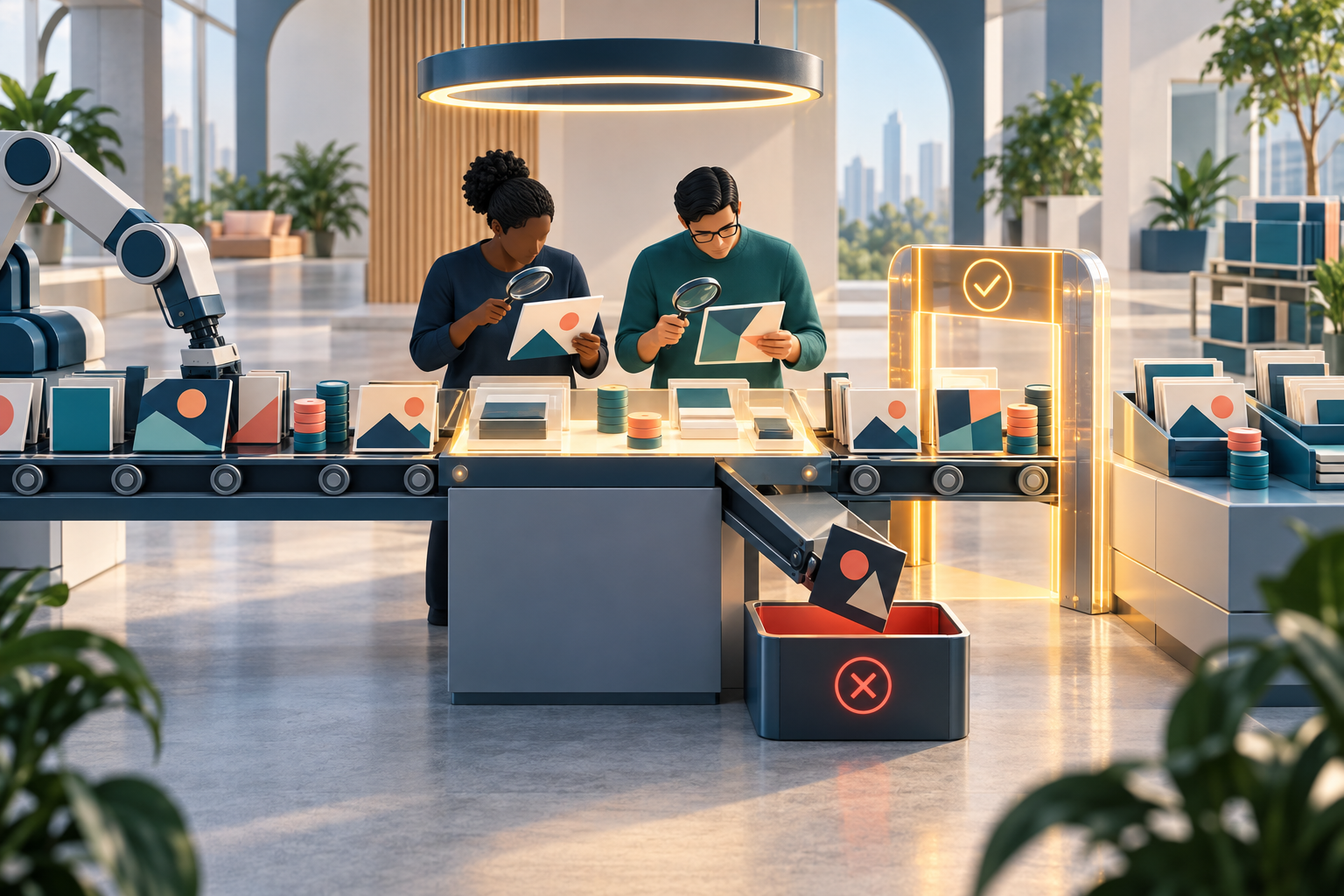 Two people inspect assets at a checkpoint in an automated production line before approved items continue.