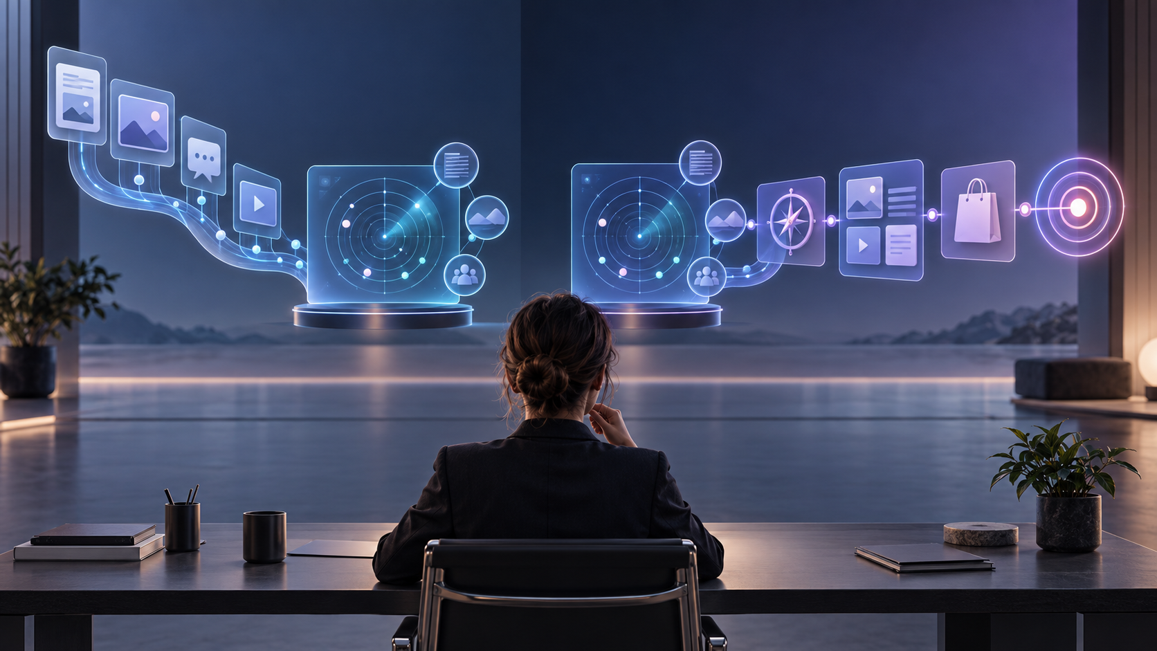 A strategist compares one digital workflow that ends with monitoring and another that continues through recommendations, content, commerce, and attribution.