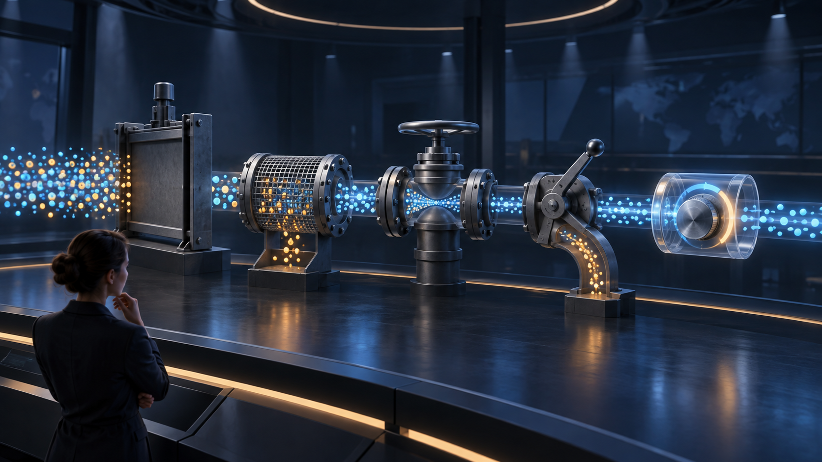 An analyst examines five different control mechanisms connected to a flowing stream of glowing data particles in a dark control room.