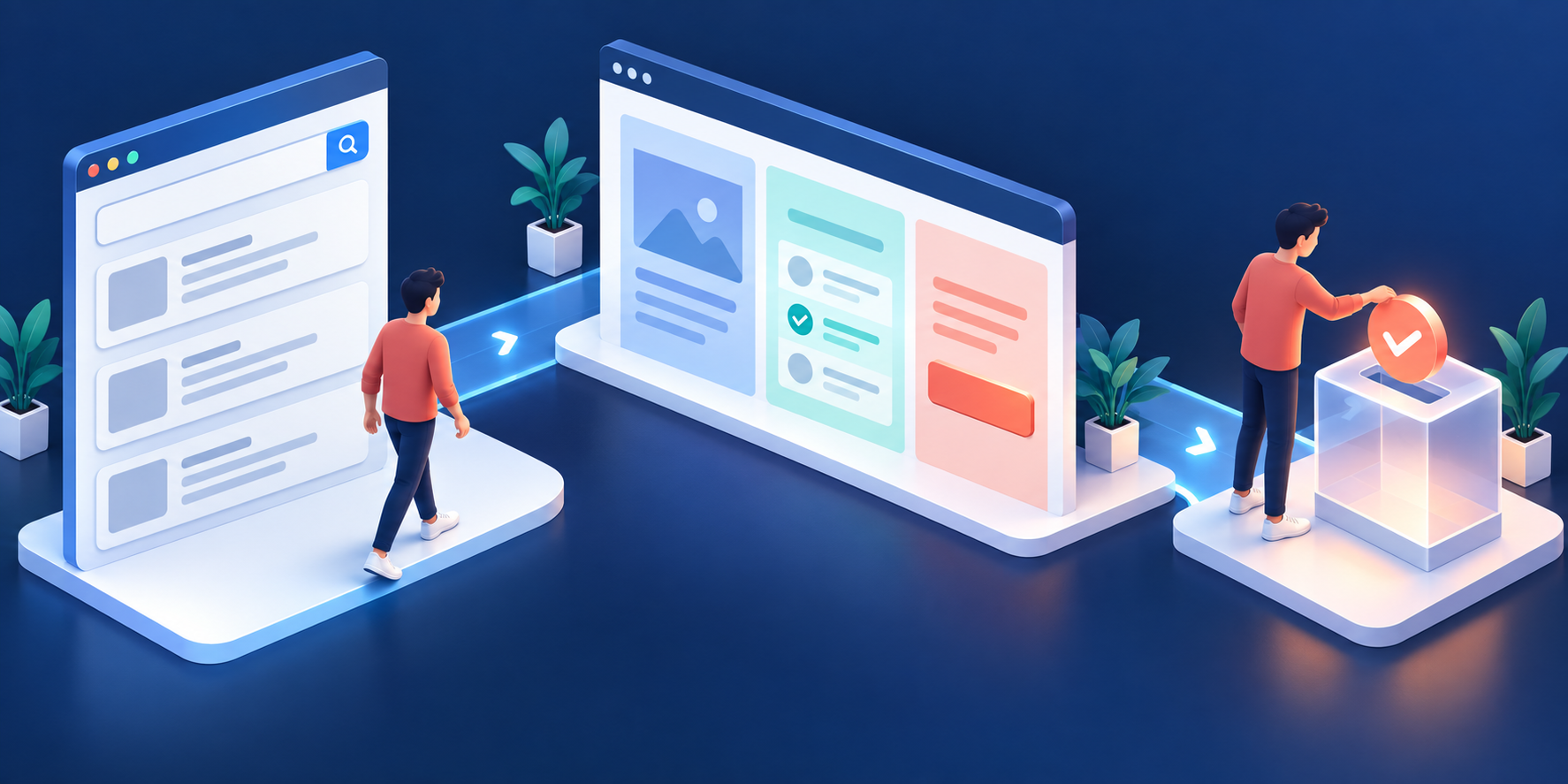 Isometric illustration of a user moving from abstract search results through an organized web page to a completed action.