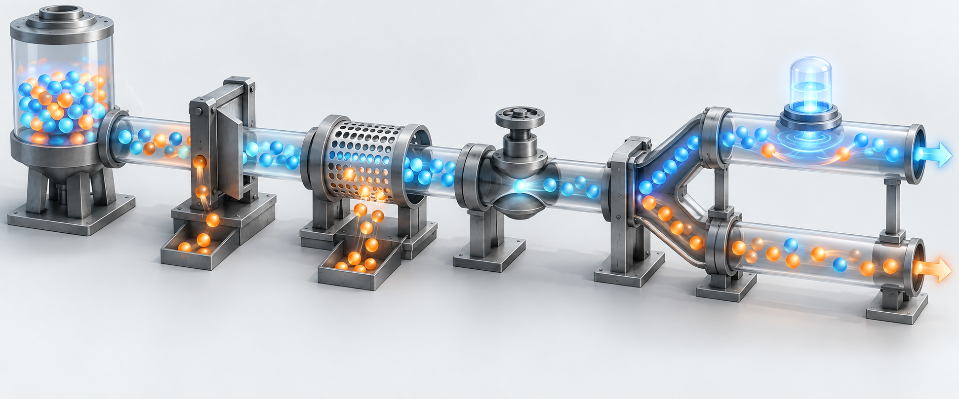 A stream of glowing tokens passes through a barrier, filter, valve, junction, and signal beacon in an isometric delivery pipeline.