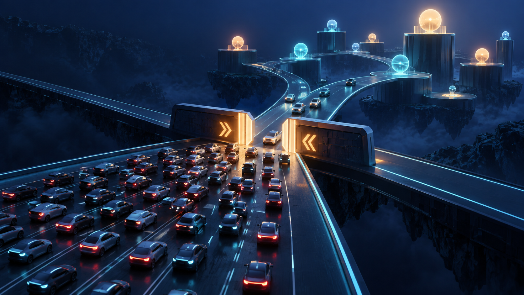 Abstract bid vehicles approach a narrow checkpoint, where only some pass through toward opportunities of different sizes.