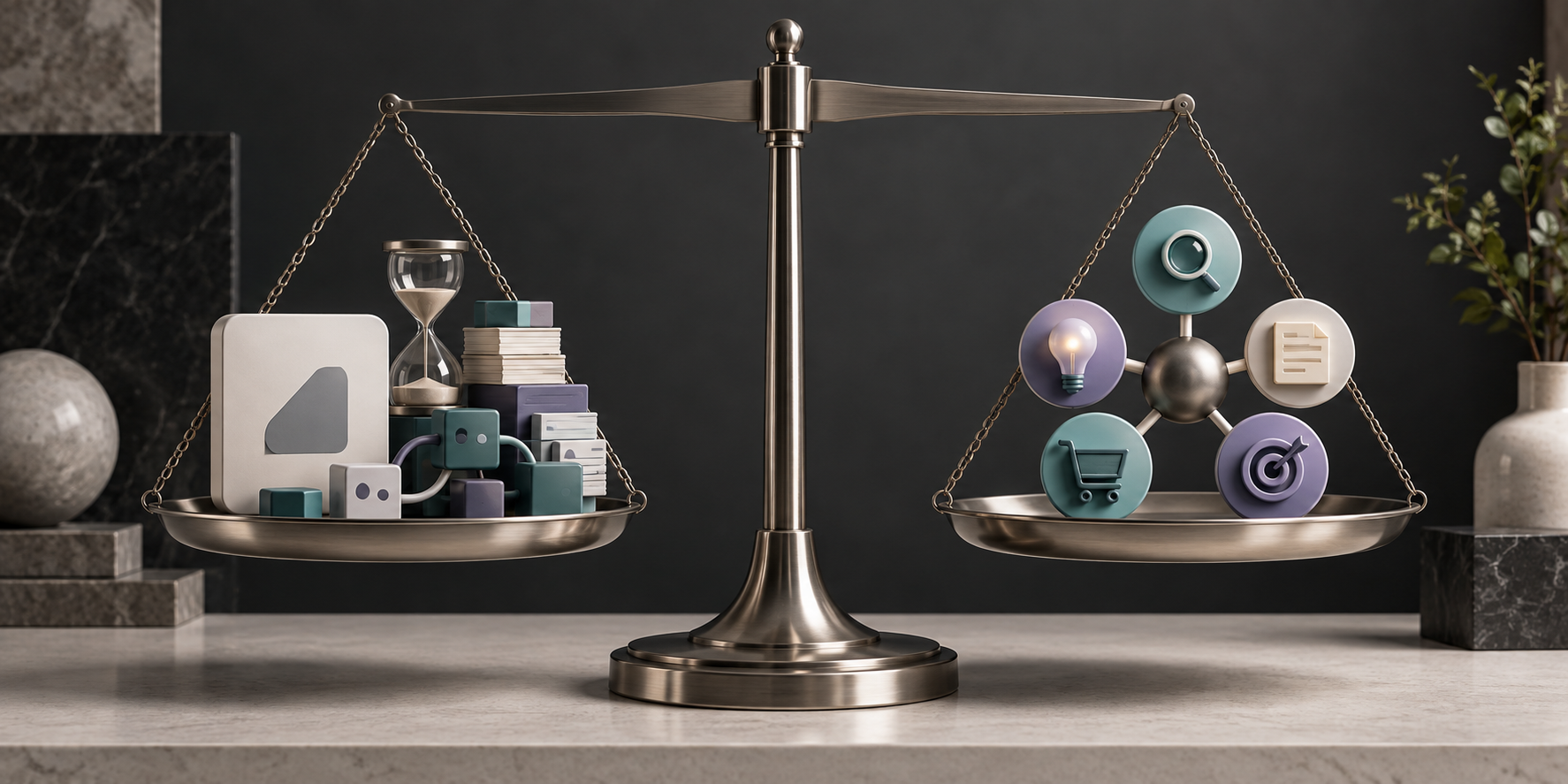 A balance scale compares a software tool plus extra tools, handoffs, and time with a more integrated modular workflow.