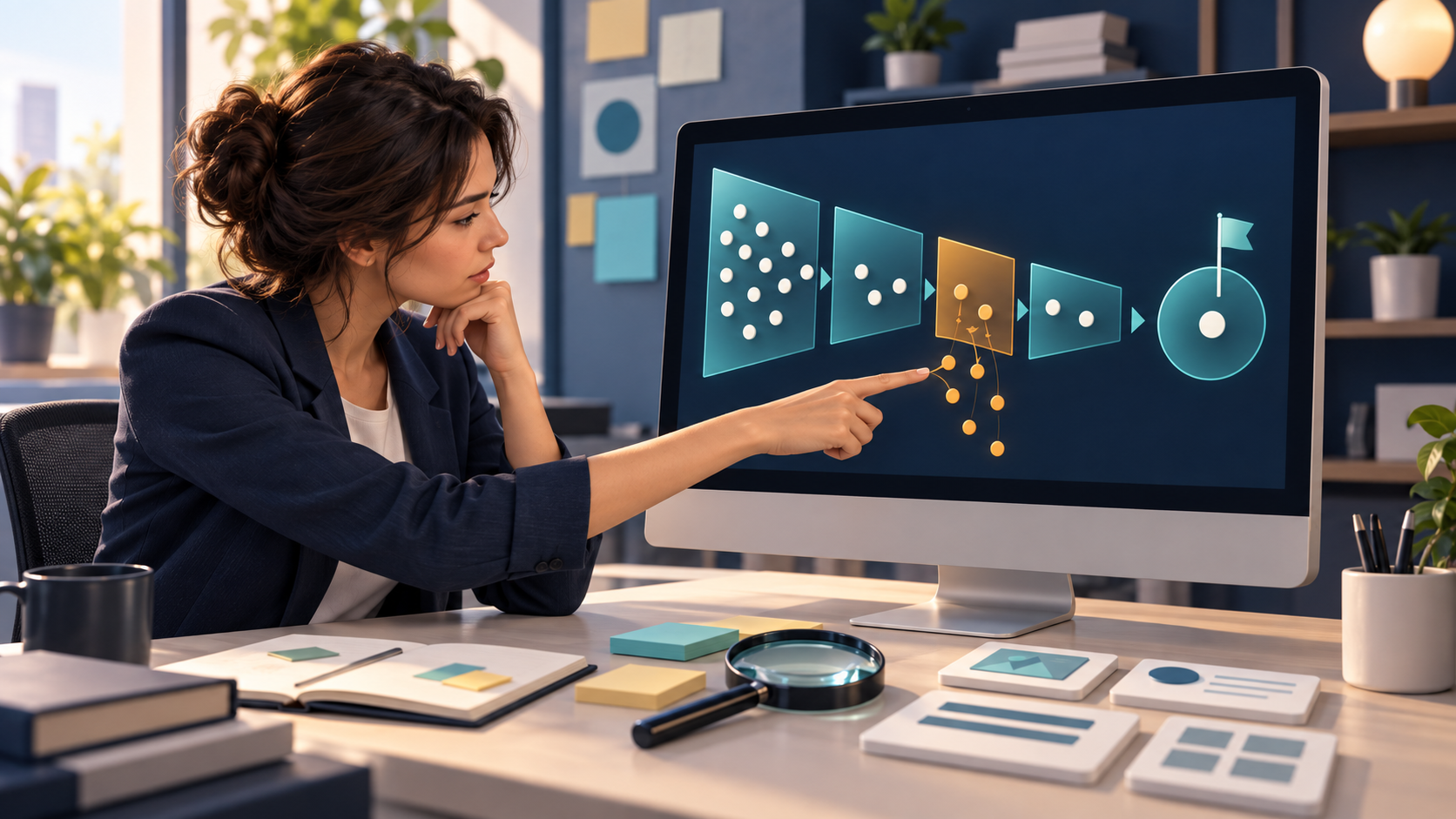 Analyst examining an abstract multistage user pathway on a monitor where several user markers drop off before completion.