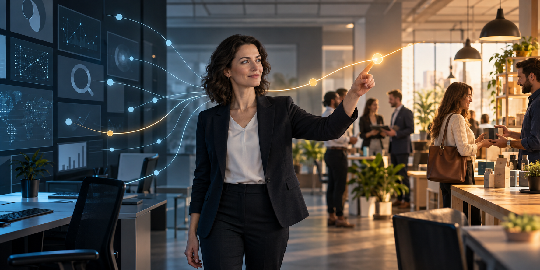 An SEO professional selects one illuminated path connecting abstract digital signals to customers, products, and collaborating business colleagues.