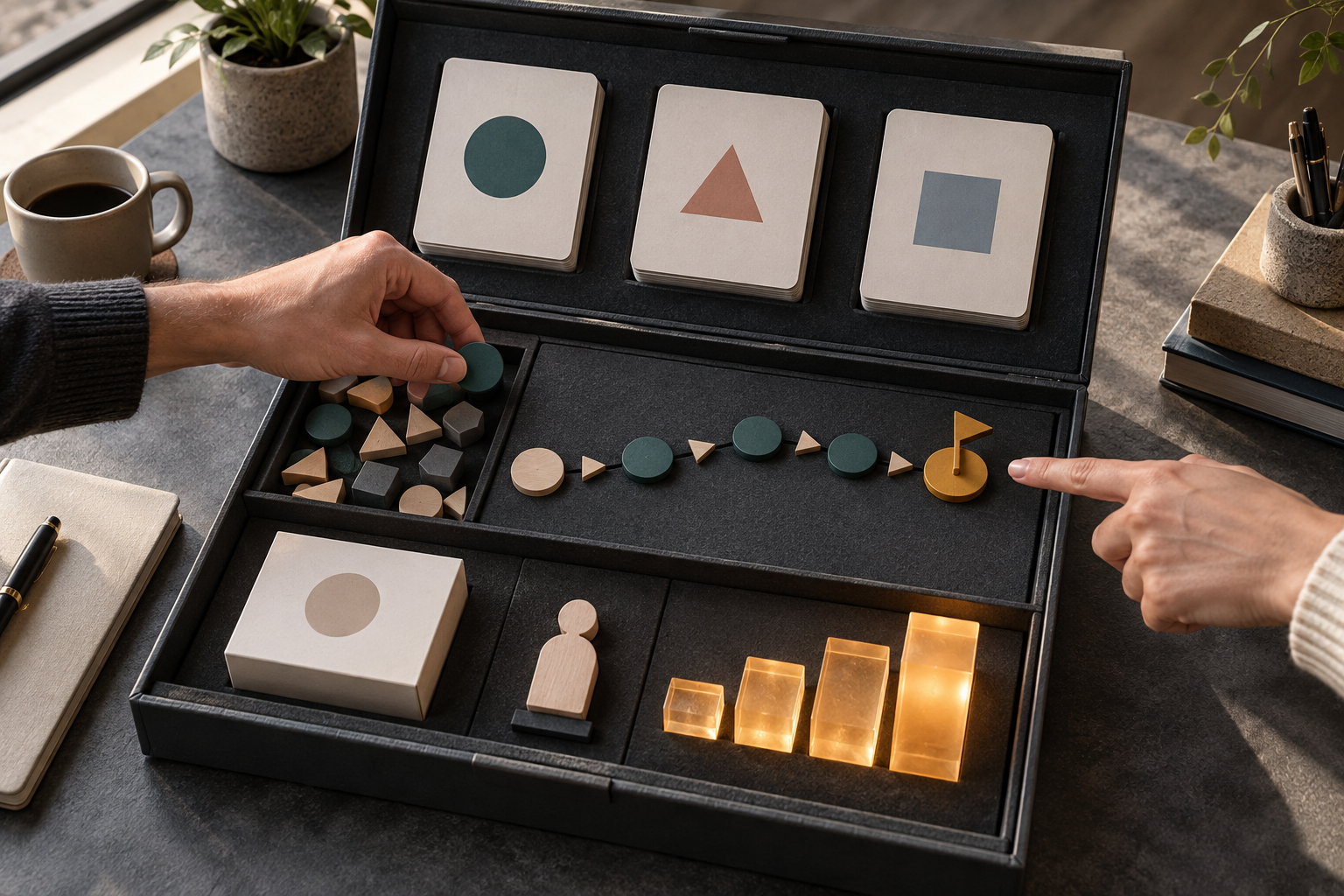 Two colleagues review a portfolio-like case containing abstract research cards, prioritization tokens, a product model, and illuminated outcome blocks.