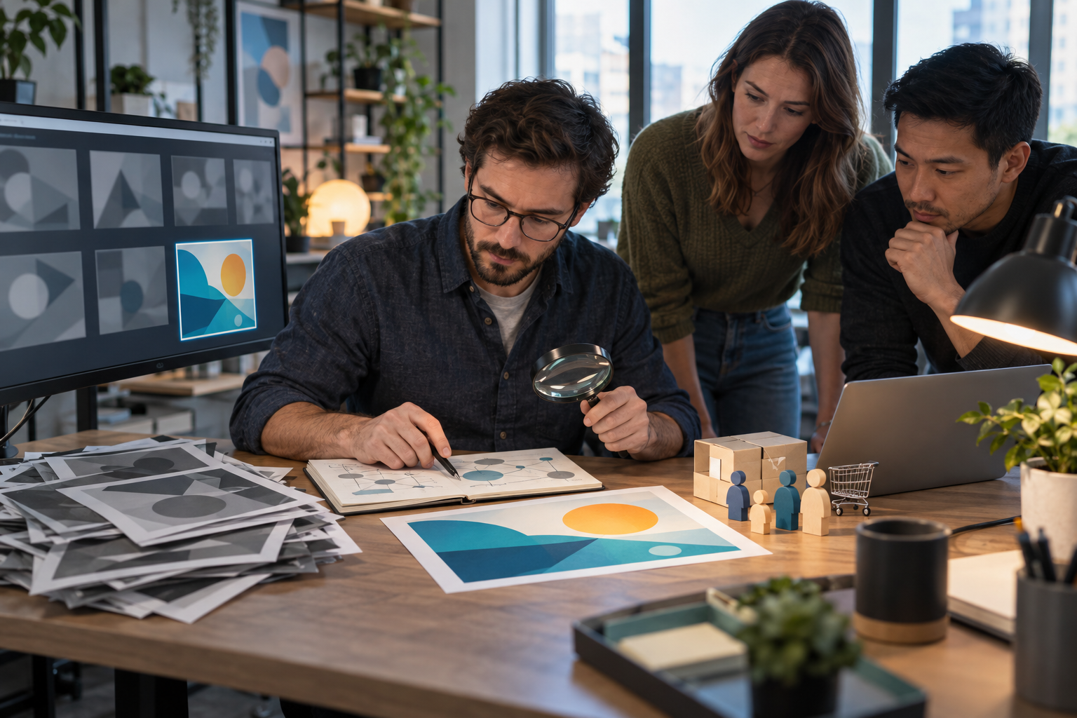 An SEO specialist reviews abstract AI-generated options, verifies one with research tools, and shares the refined result with two colleagues.