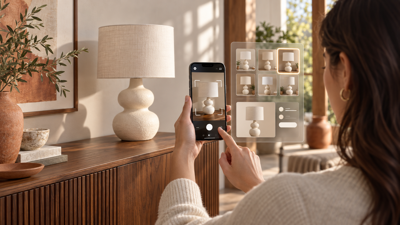 A shopper points a smartphone at a cream table lamp while a generic visual search interface displays similar lamp products and highlights one matching result.