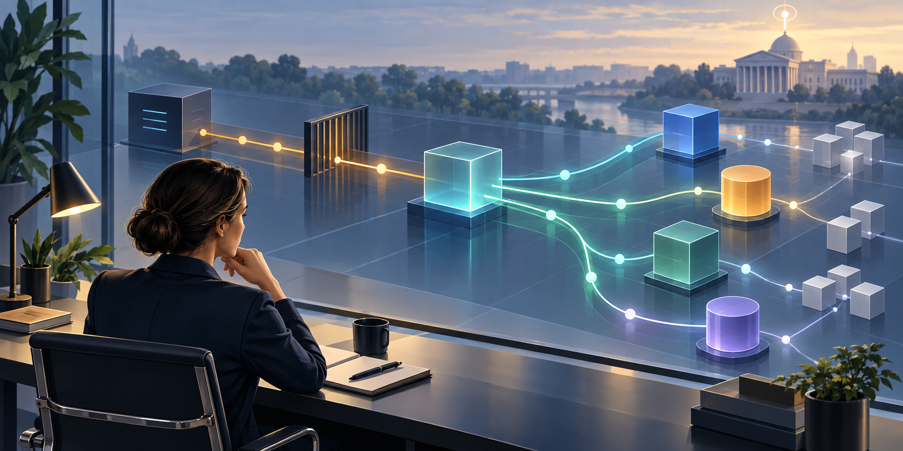 A publisher reviews an open network of interconnected ad technology pathways with a courthouse silhouette in the background.