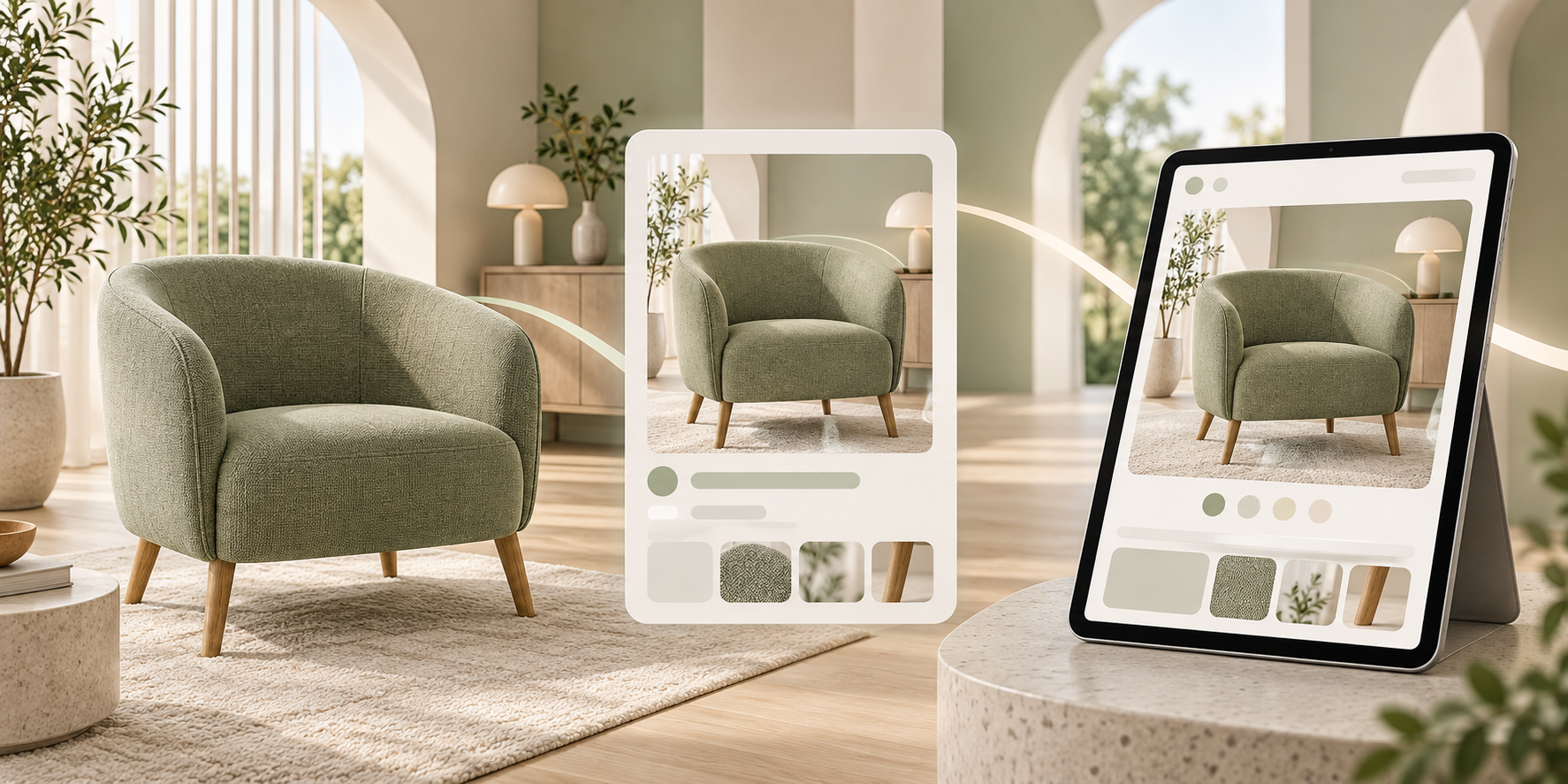 The same sage-green lounge chair appears in a styled room, a visual discovery result, and a tablet product page with consistent imagery.