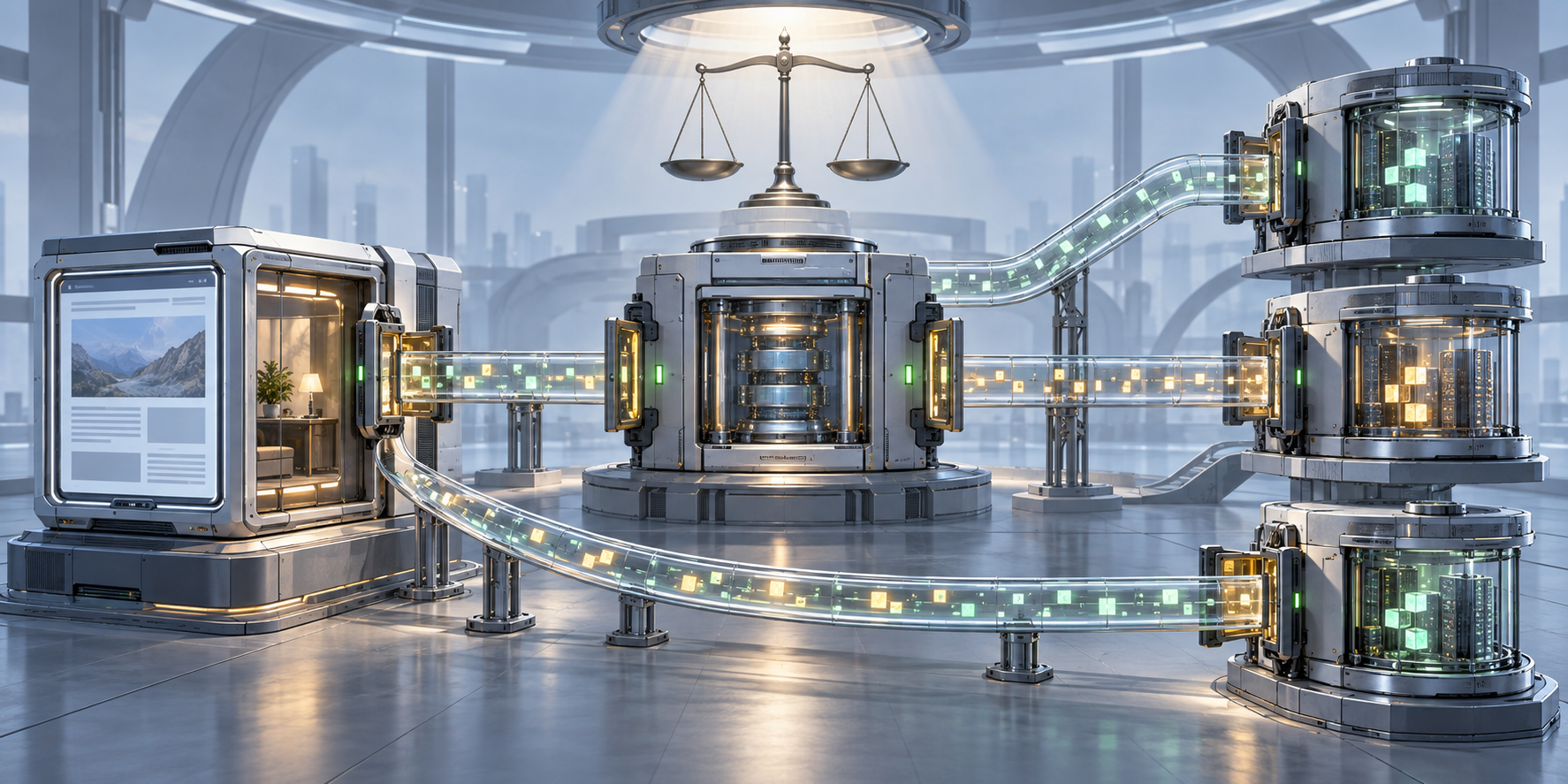 Separate ad server and advertising exchange modules are connected by multiple open pathways beneath a balance scale.