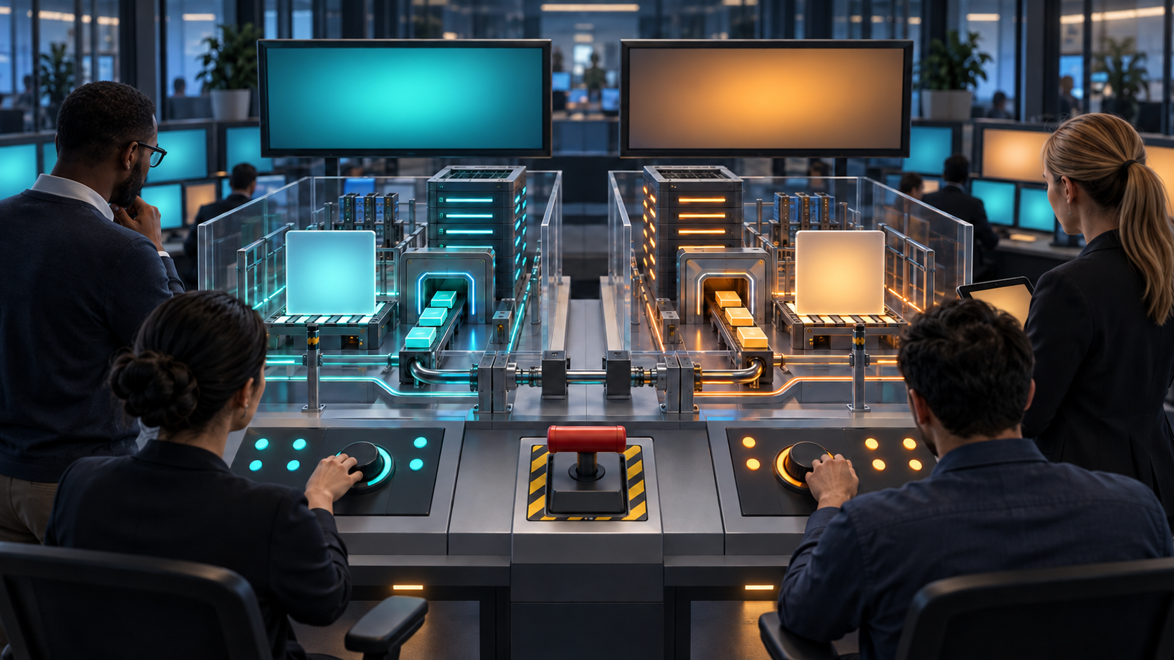 A publishing team compares two isolated ad delivery setups on a controlled testing bench.