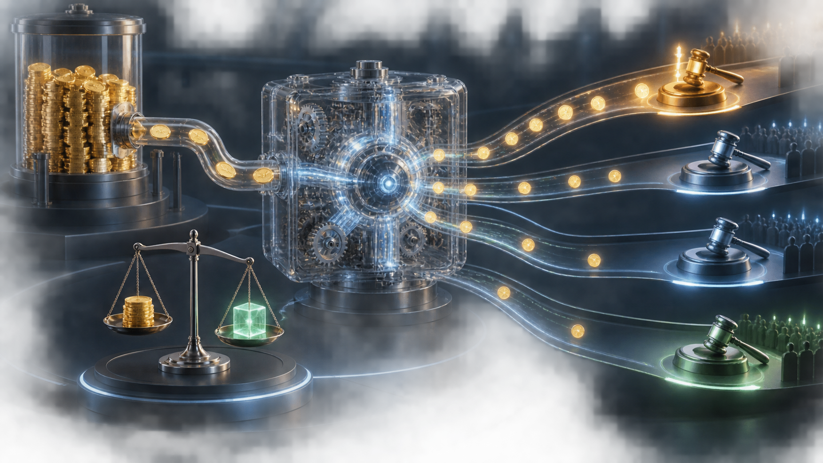 A mechanical bidding engine directs glowing tokens into abstract auction lanes while drawing coins from a limited budget reservoir beside a balance for cost and value.