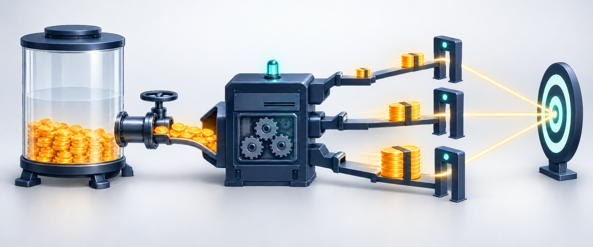 A limited tank of glowing coins drains through an automated bidding machine that sends larger bundles toward several abstract auction gates.