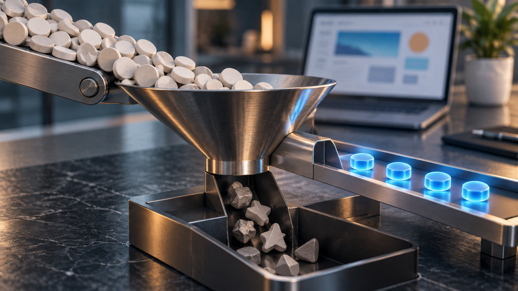A metallic sorting funnel separates a large stream of pale tokens from a few luminous blue tokens beside a laptop.