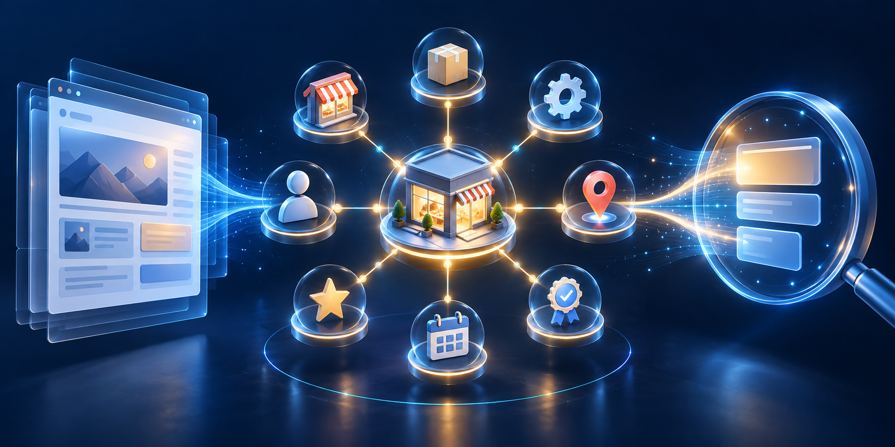A glowing central entity connects a web page, business facts, and an abstract AI search lens in a three-dimensional network.