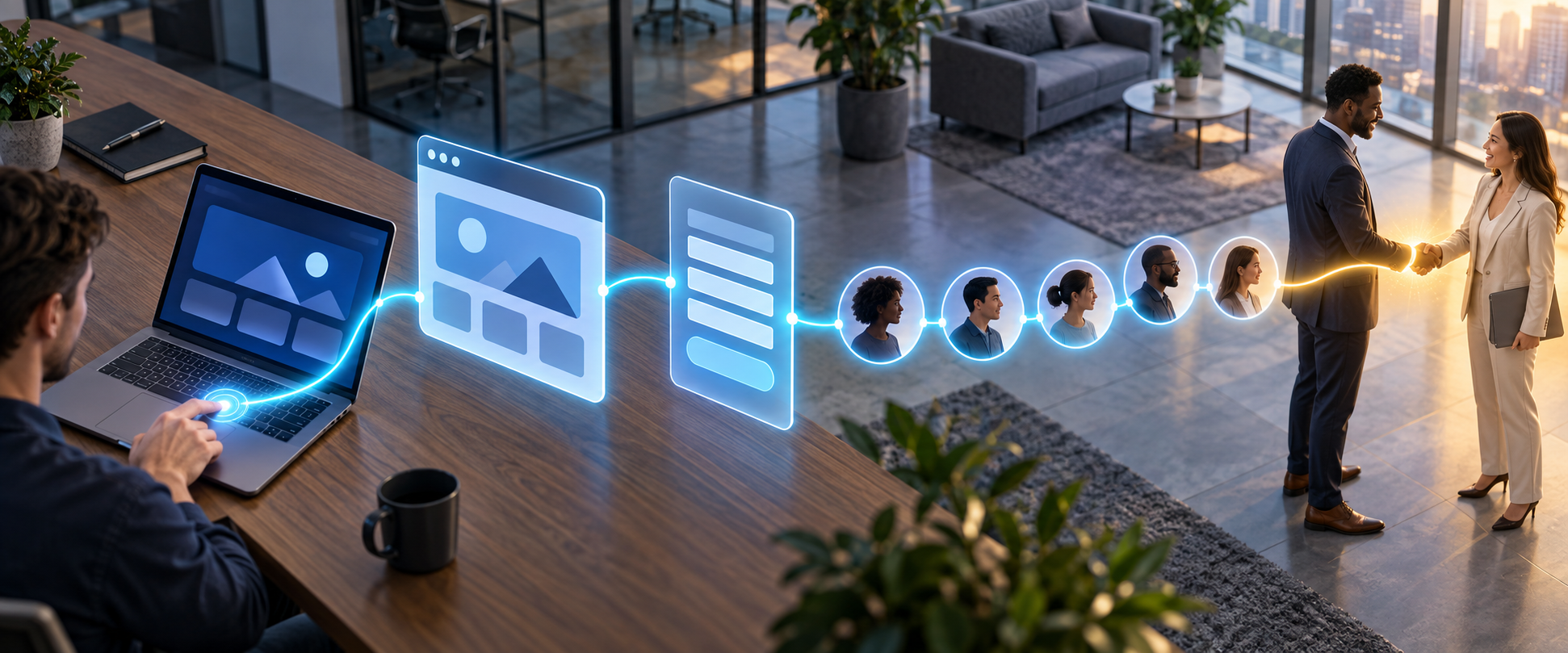 An illuminated path runs from a laptop through abstract digital stages to two business professionals shaking hands.