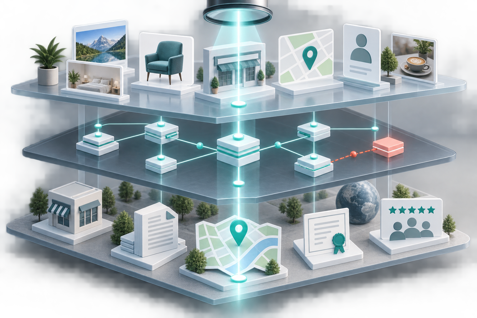 A transparent three-layer workspace shows website content, structured data, and external evidence being inspected together.