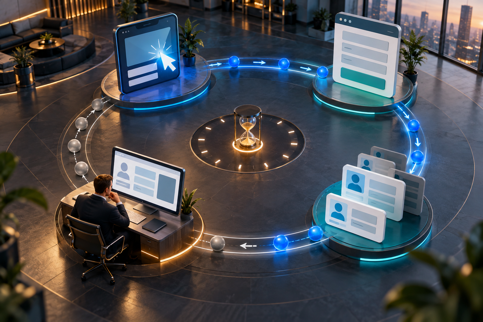 Connected workstations form a circular feedback loop around lead tokens, customer records, and a subtle clock motif.