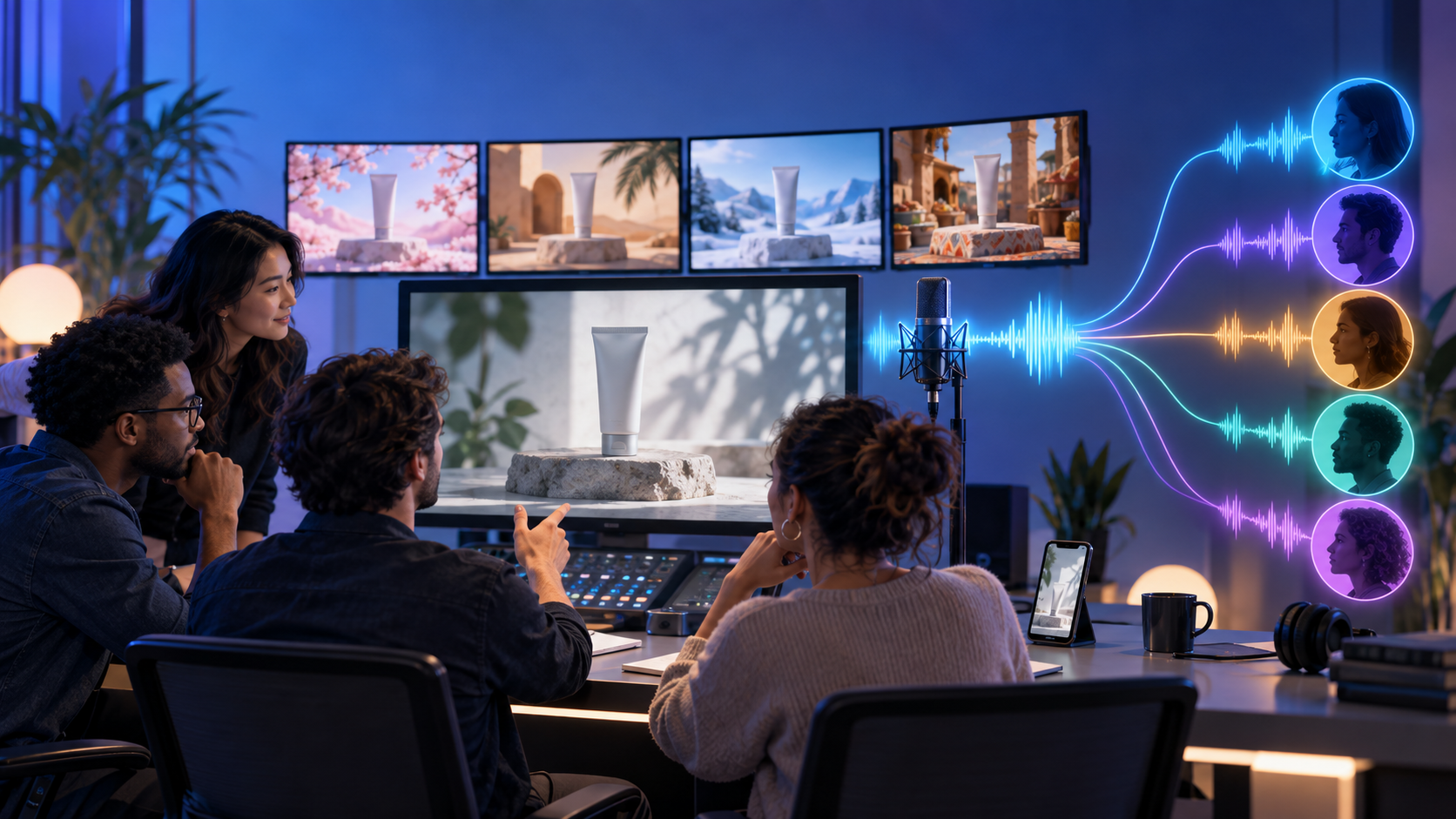 A creative team reviews regional versions of a product video as one audio waveform branches into several localized voices.