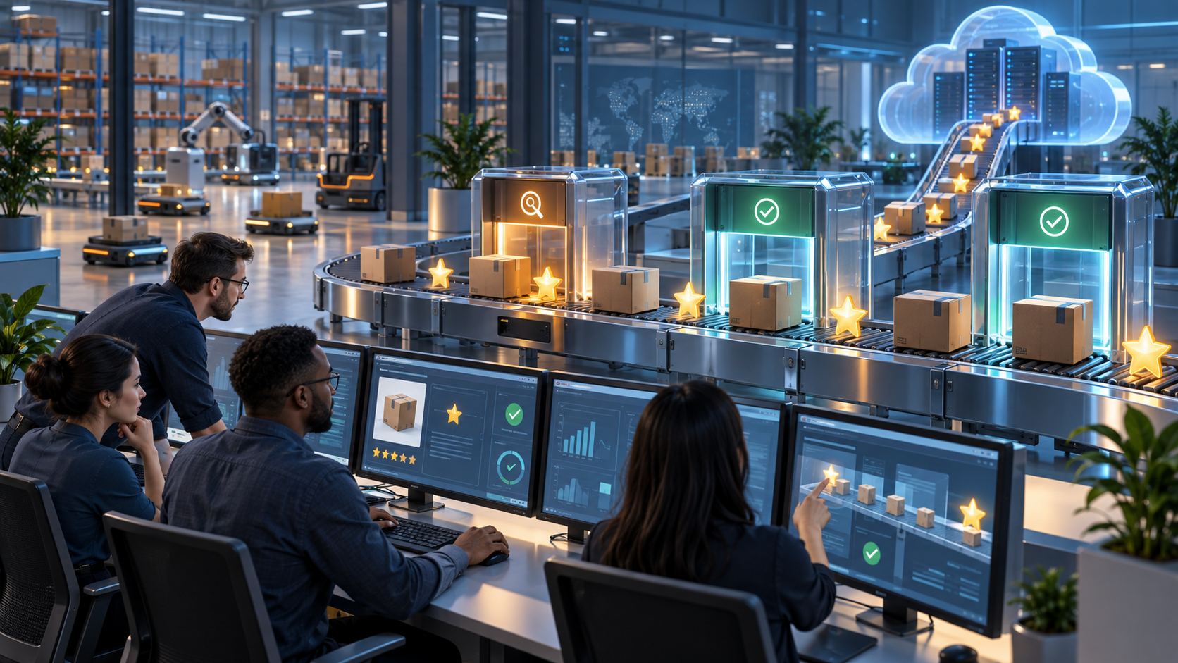 Operations staff monitor product packages and review symbols moving through digital validation gates into a cloud service.