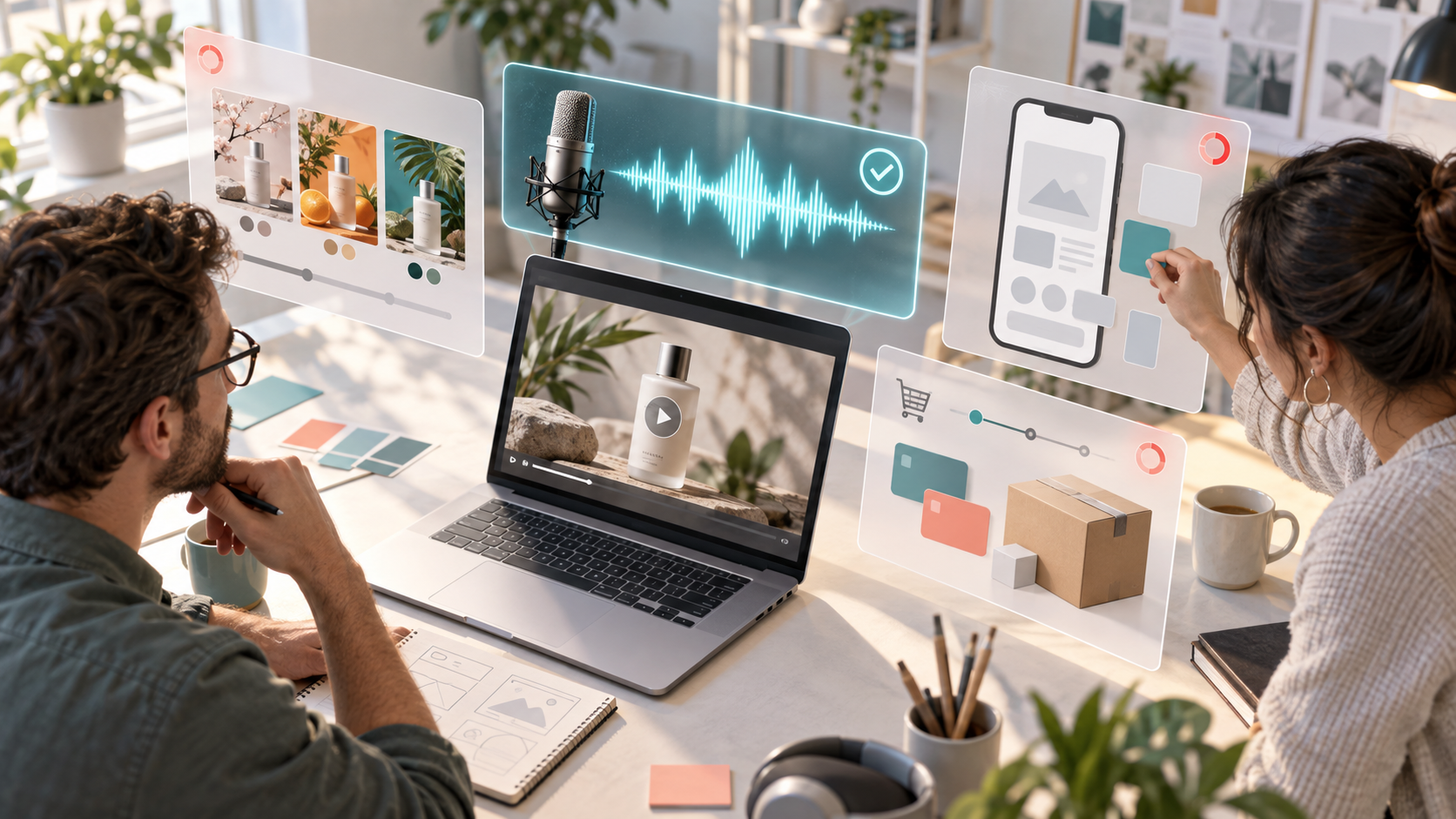A laptop video ad is surrounded by separate layers for dubbed audio, localized visuals, a mobile page, and checkout elements.