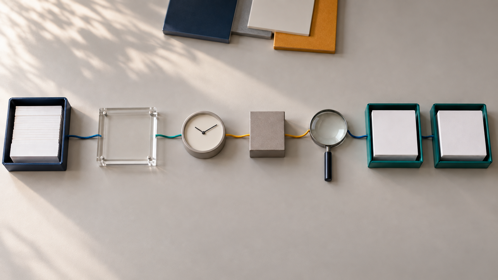 A top-down research table shows blank query cards, a sampling frame, timing tools, and matching trays arranged for repeated measurement runs.
