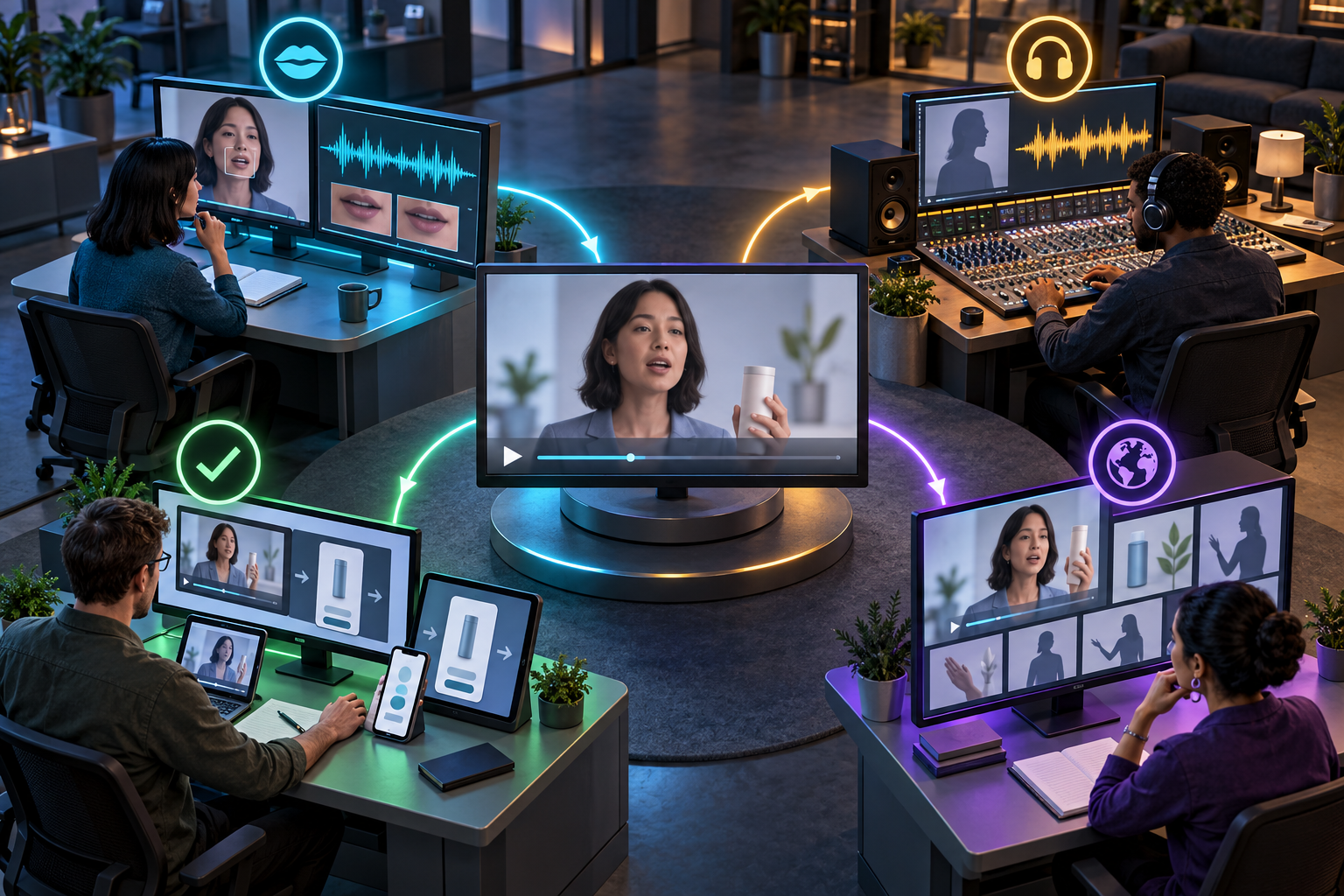 Four specialists review a dubbed video for language accuracy, audio quality, cultural fit, and the final mobile experience.
