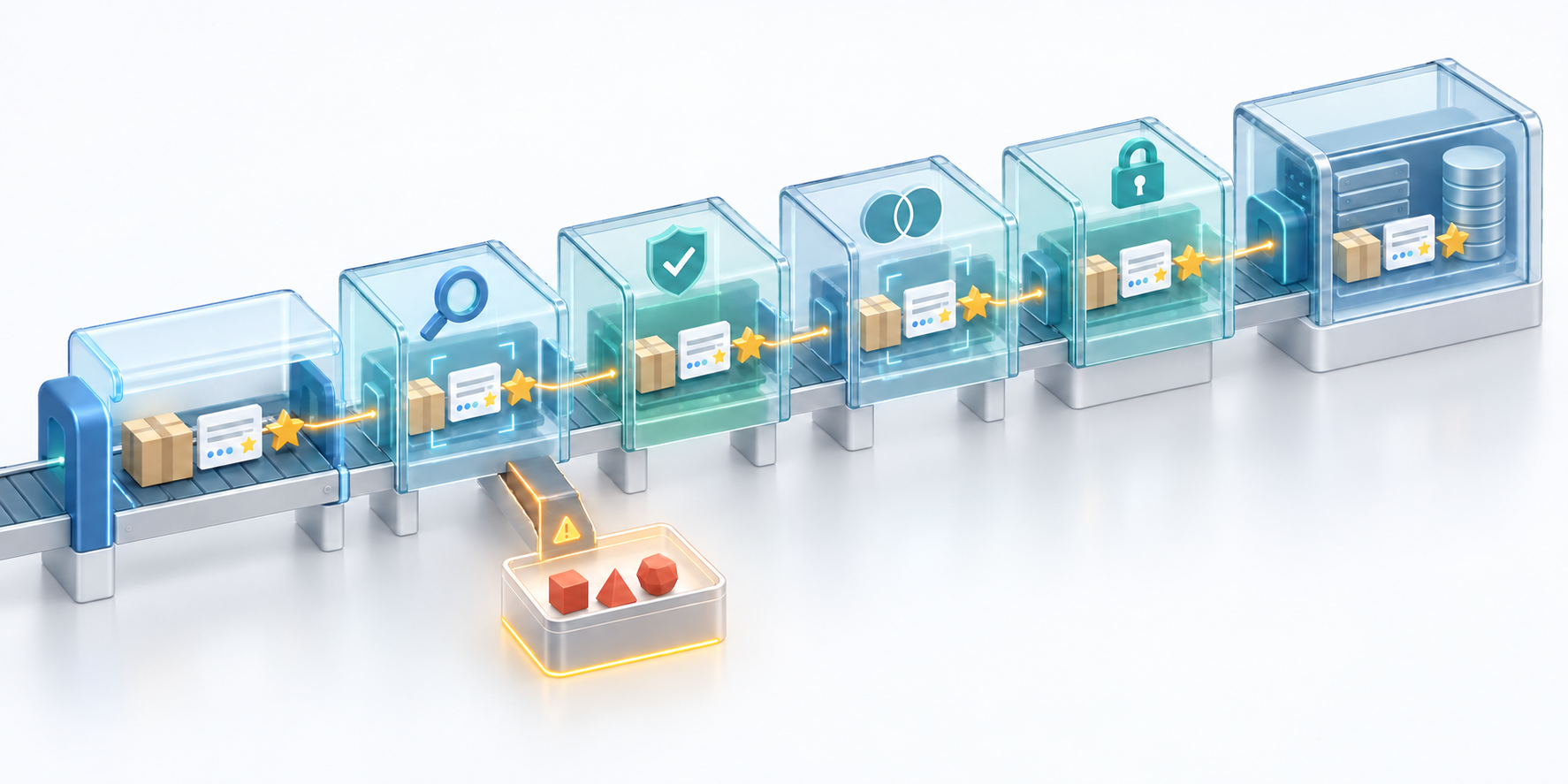 A product box and its review record move through connected validation, transmission, and archive stations while invalid items are diverted for inspection.
