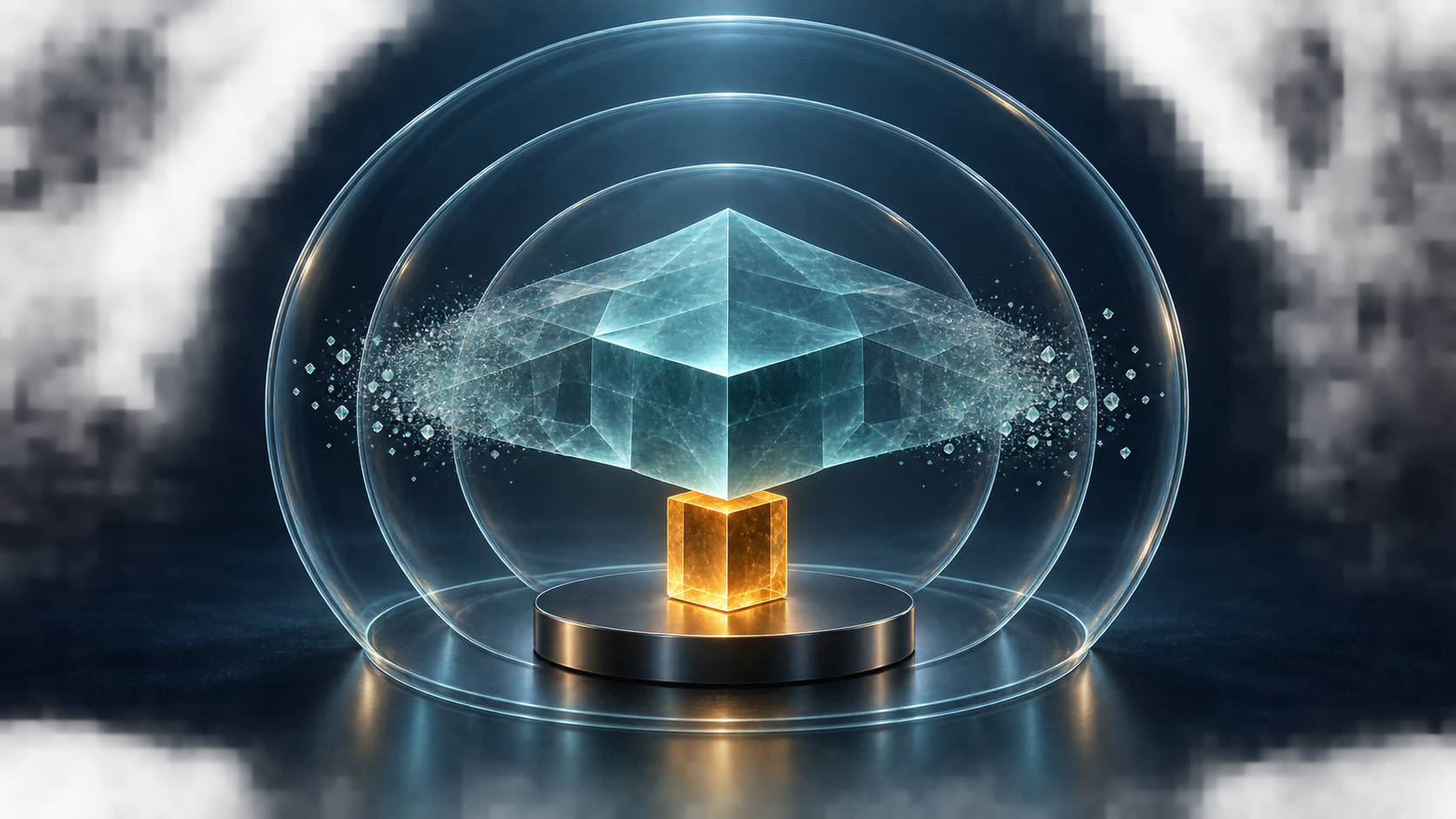 A solid evidence block supports a translucent structure whose outer edges fade beyond nested glass boundaries.